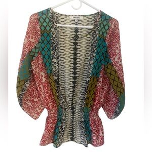 Daniel Rainn Vibrant Peplum Peasant Top Size‎ Medium Artsy Boho EUC